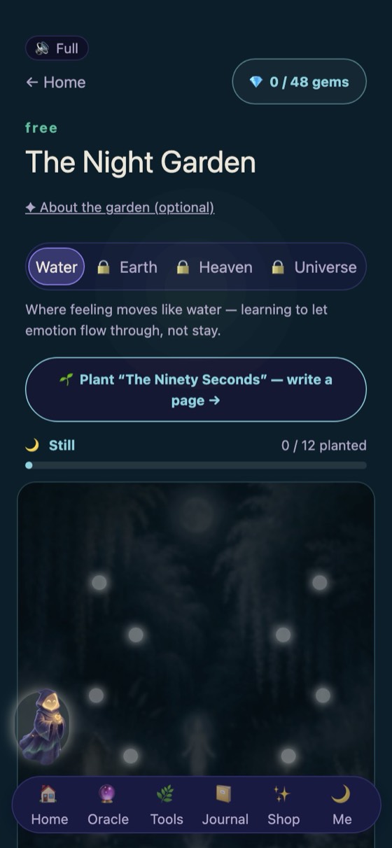 The Night Garden: Water, Earth, Heaven and Universe realms, 48 gems planted by journaling